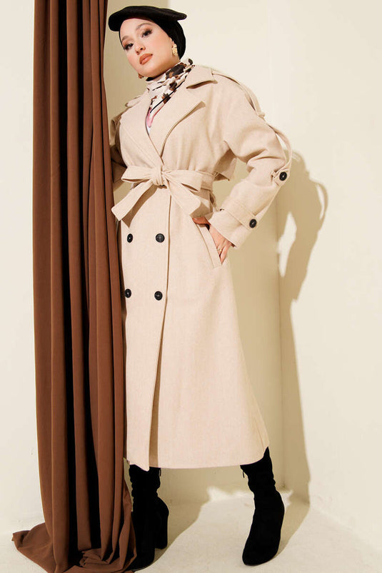 Belted Button Detailed Cashmere Coat Latte