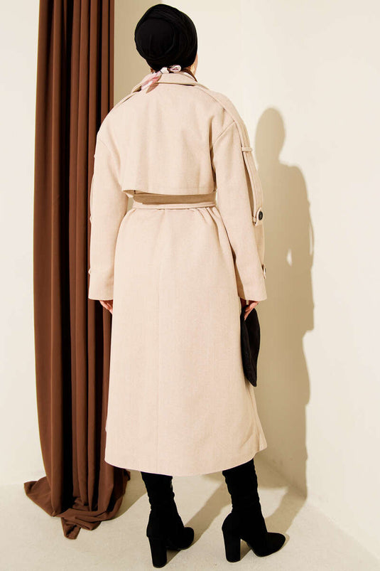 Belted Button Detailed Cashmere Coat Latte
