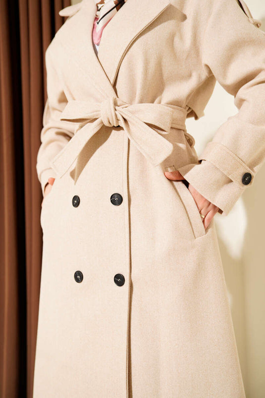 Belted Button Detailed Cashmere Coat Latte
