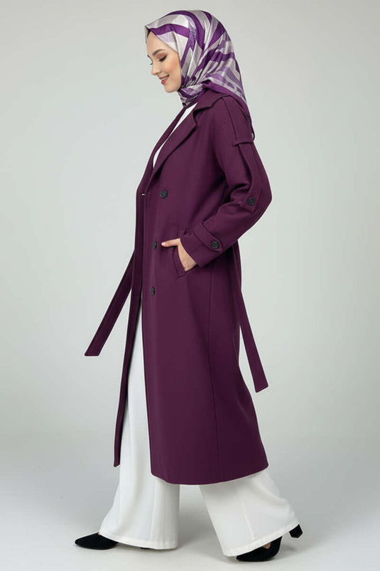 معطف كشمير بحزام وأزرار أرجواني