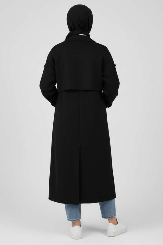 Black Kaşe Coat with Belt and Button Details