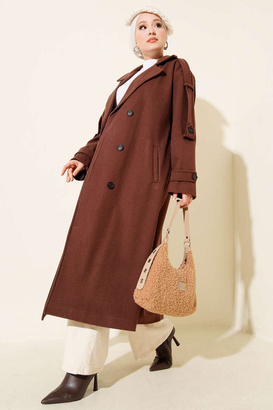 Belted Button Detailed Cashmere Coat Cinnamon
