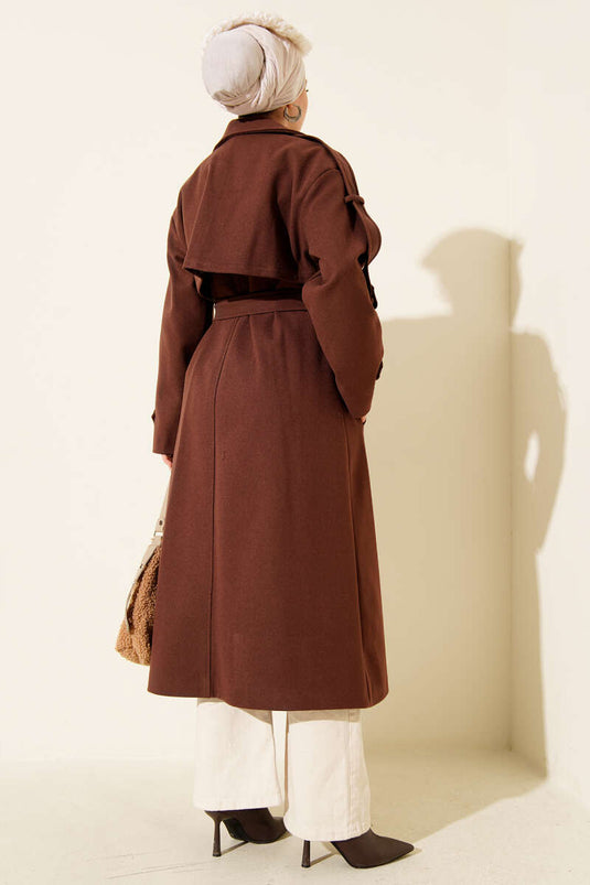 Belted Button Detailed Cashmere Coat Cinnamon
