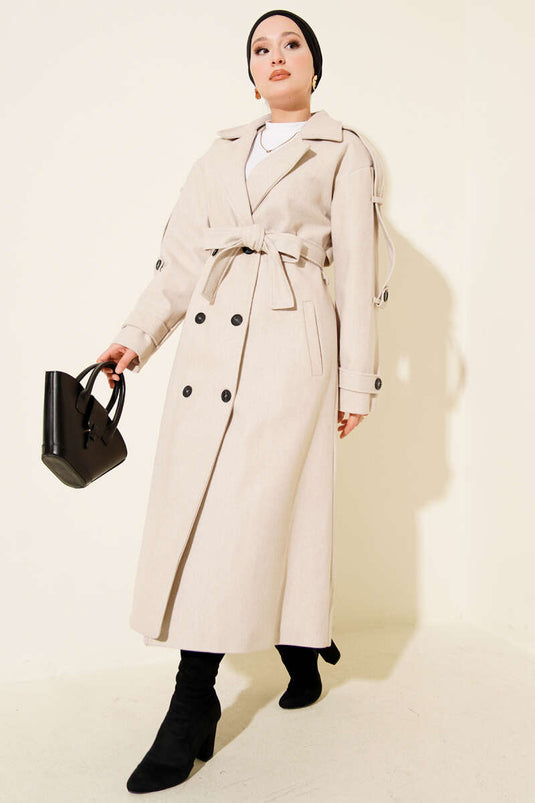 Belted Button Detailed Cashmere Coat Stone