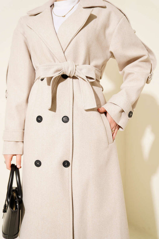 Belted Button Detailed Cashmere Coat Stone
