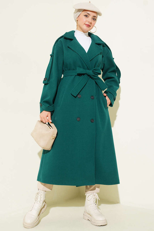 Manteau en laine à ceinture avec détail de bouton Émeraude