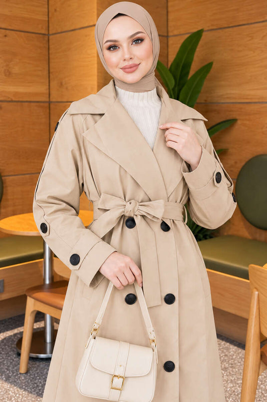 Trench Coat Beige Con Cintura E Bottoni