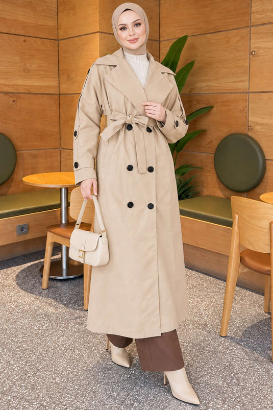 Trench Coat Beige Con Cintura E Bottoni