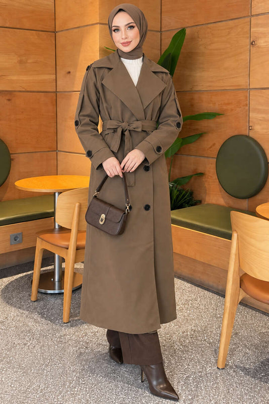 Belted Button Detail Trench Coat Khaki