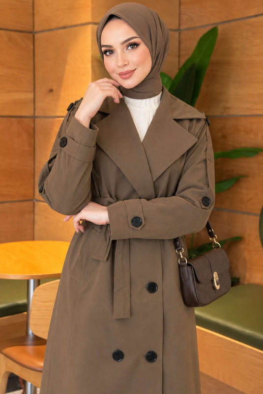 Belted Button Detail Trench Coat Khaki