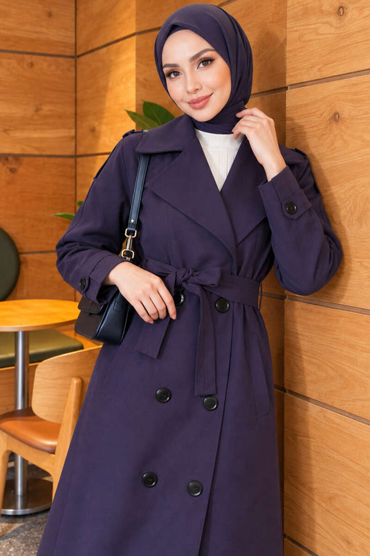 Belted Button Detail Trench Coat Navy