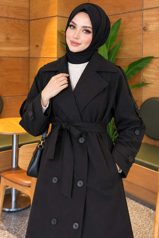 Trench Coat Nero Con Cintura E Bottoni