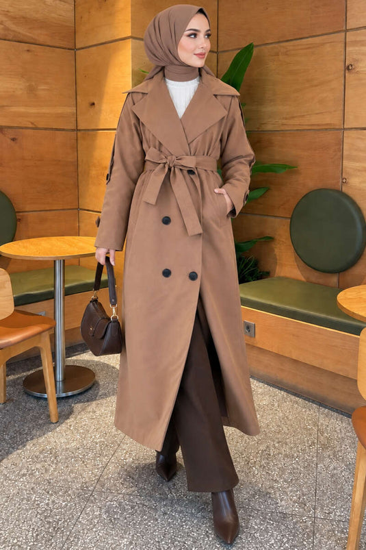 Belted Button Detail Trench Coat Tan