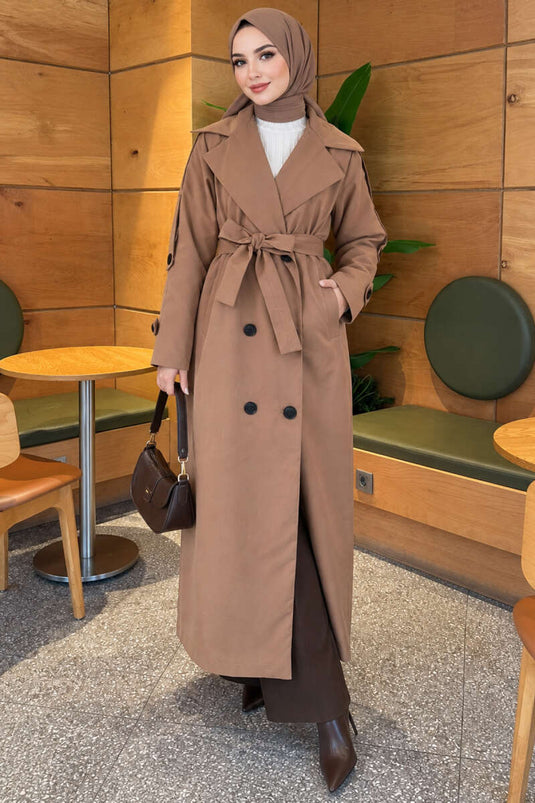 Belted Button Detail Trench Coat Tan