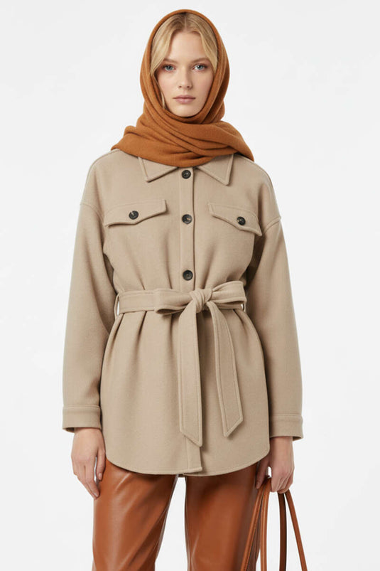 Belted Buttoned Cashmere Jacket Beige