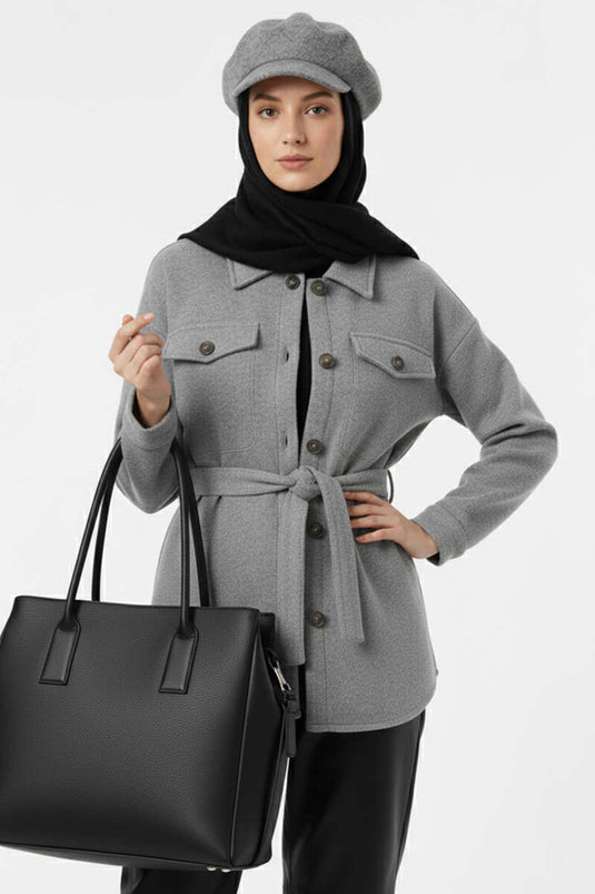 Belted Buttoned Cashmere Jacket Gray
