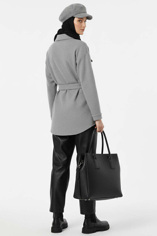 Belted Buttoned Cashmere Jacket Gray