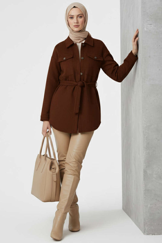 Kuşaklı Düğmeli Kaşe Ceket Kahve