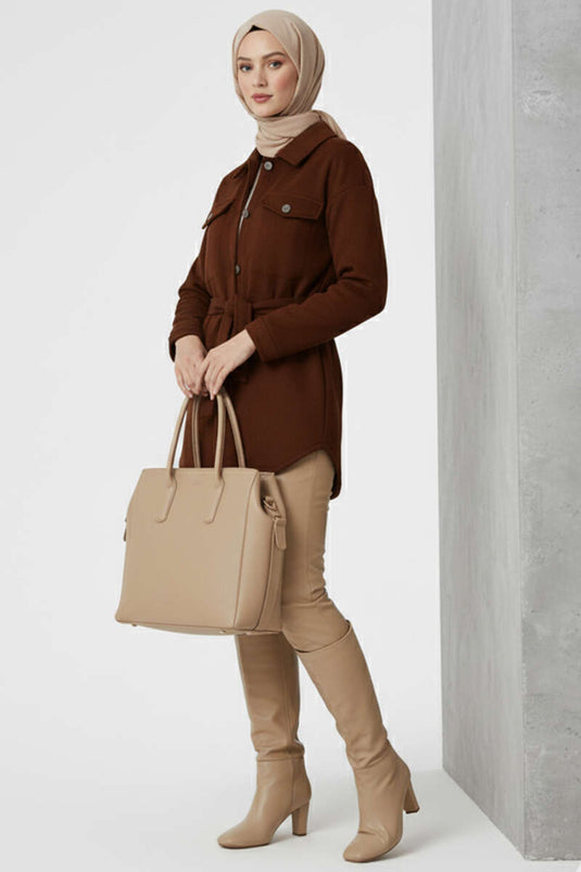 Belted Buttoned Cashmere Jacket Brown