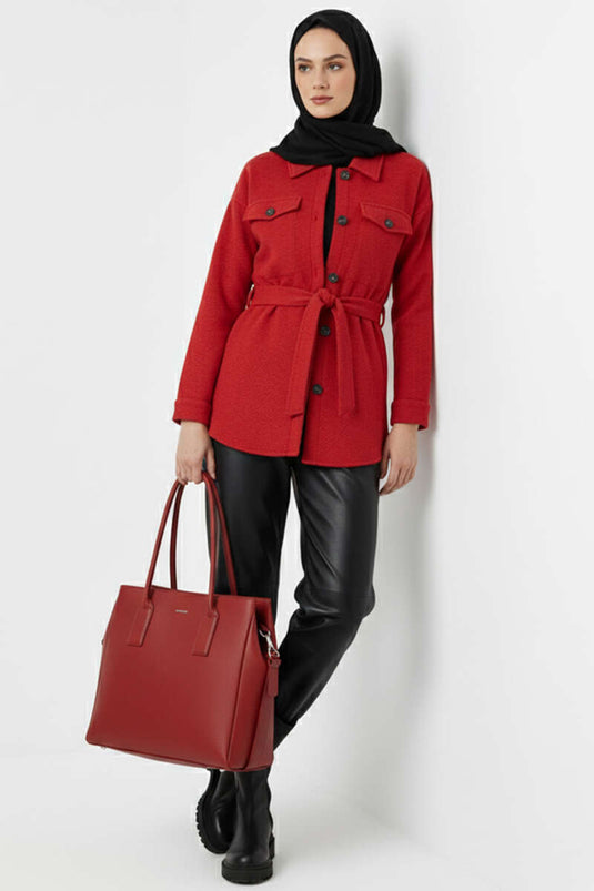 Giacca in cashmere con cintura e bottoni rossa