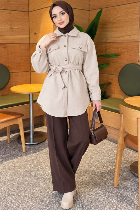 Belted Buttoned Wool Coat With Stones