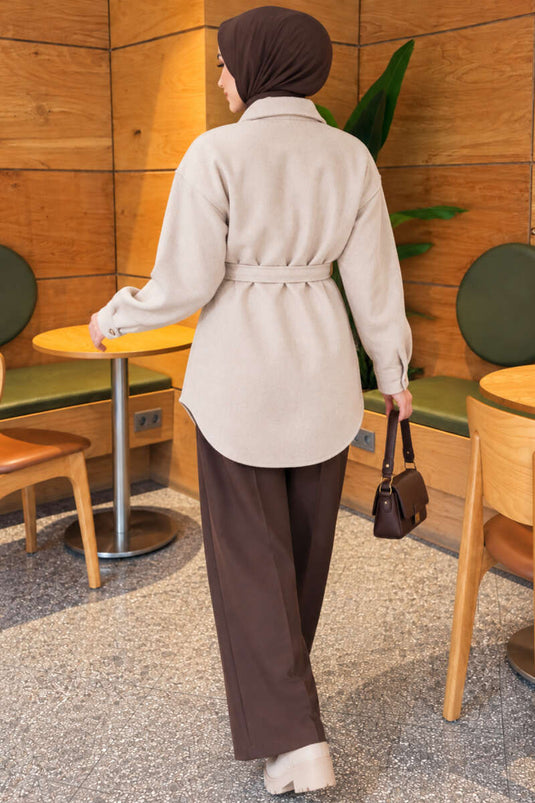 Belted Buttoned Wool Coat With Stones