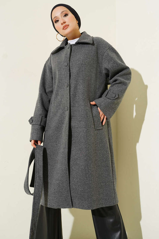 Belted Buttoned Cashmere Coat Smoke
