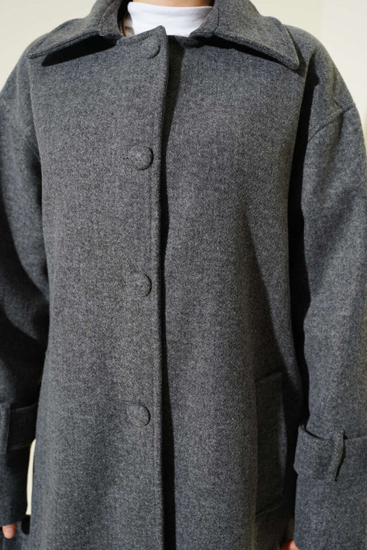 Kuşaklı Düğmeli Kaşe Kaban Füme