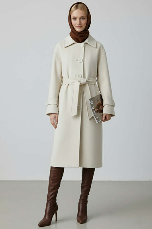 Belted Buttoned Cashmere Coat Beige