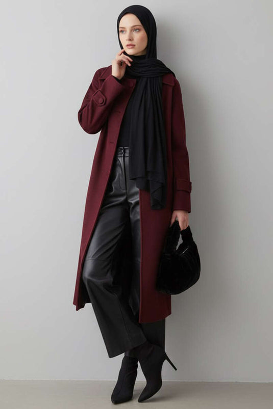Belted Buttoned Cashmere Coat Burgundy
