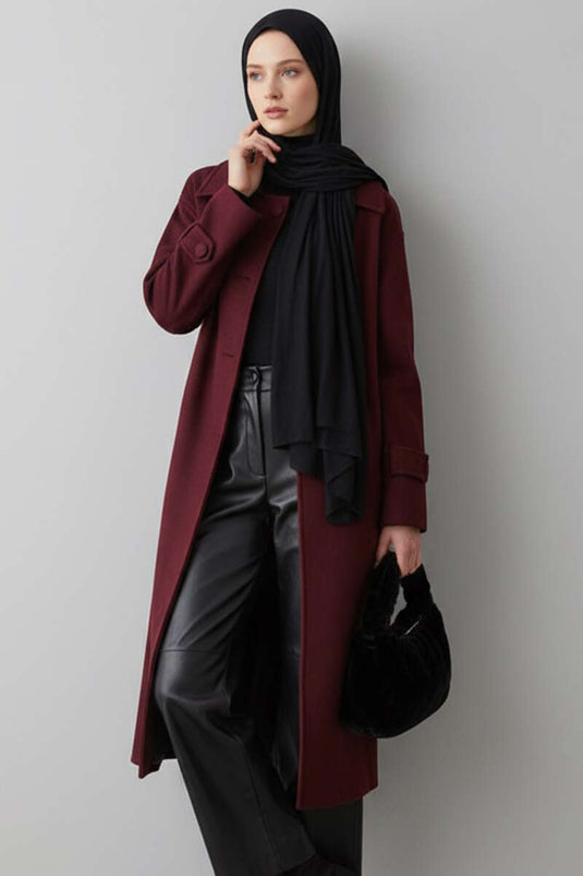 Belted Buttoned Cashmere Coat Burgundy