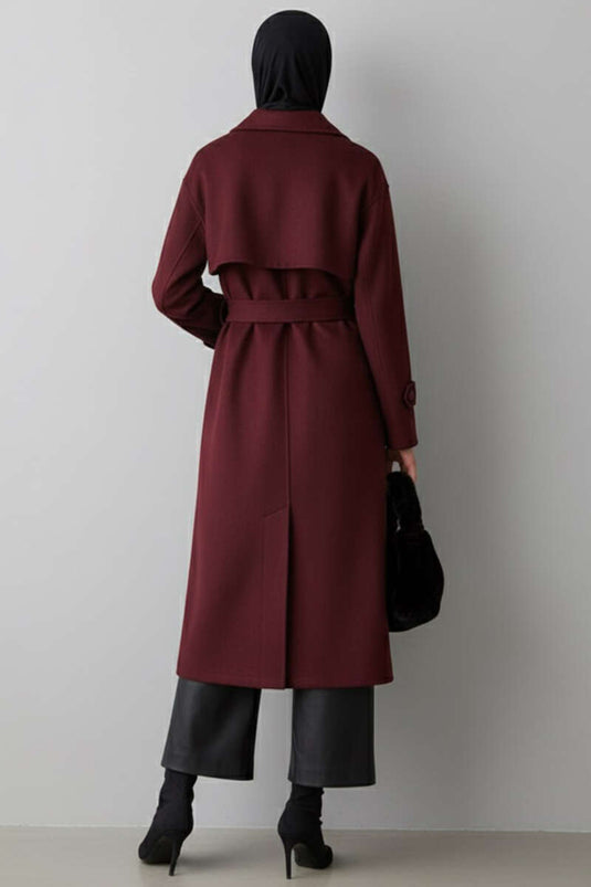 Belted Buttoned Cashmere Coat Burgundy