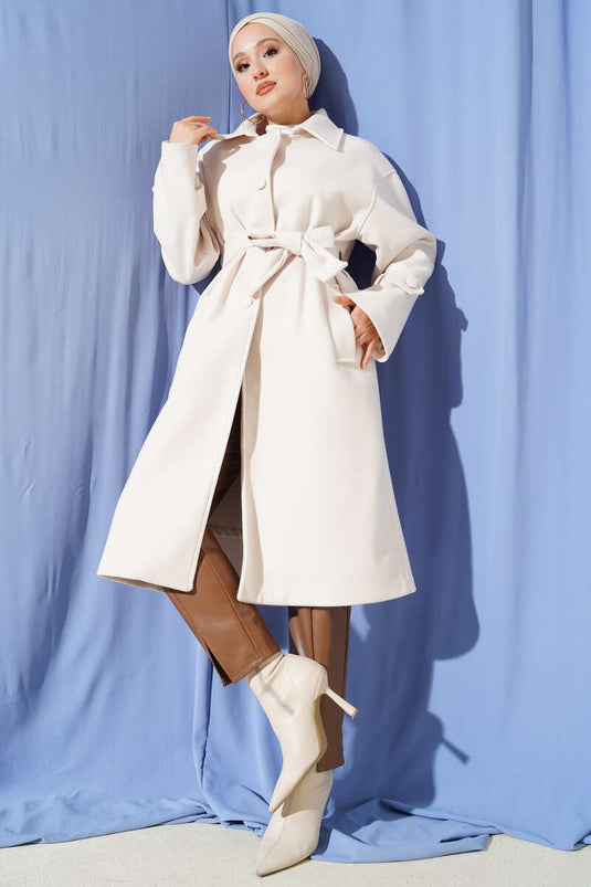 Belted Buttoned Cashmere Coat in Ecru