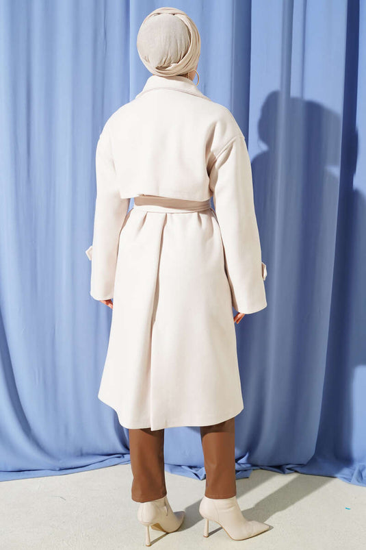 Belted Buttoned Cashmere Coat in Ecru