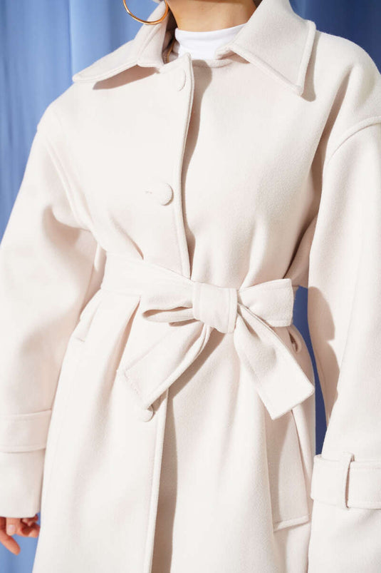 Belted Buttoned Cashmere Coat in Ecru