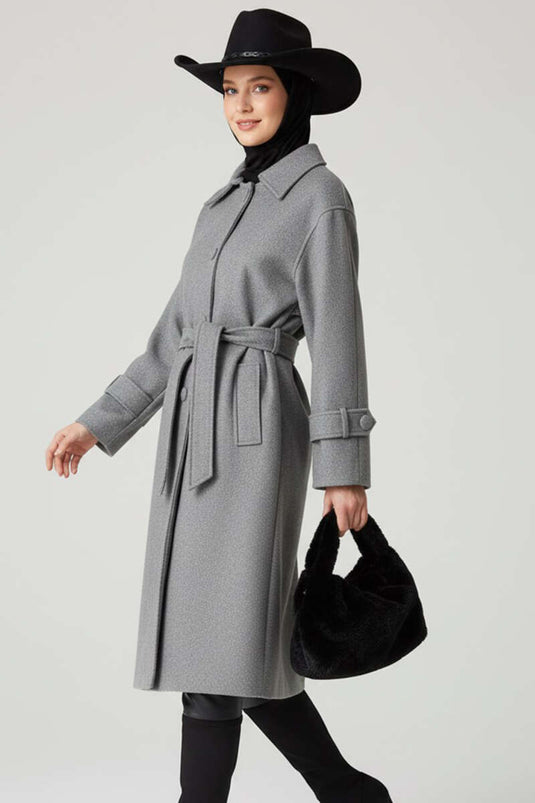Belted Buttoned Cashmere Coat Gray