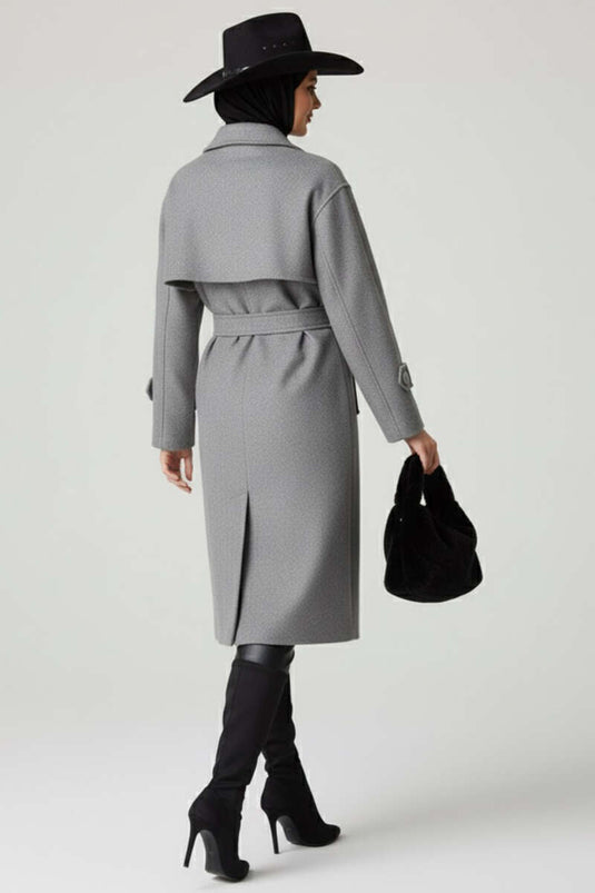Belted Buttoned Cashmere Coat Gray