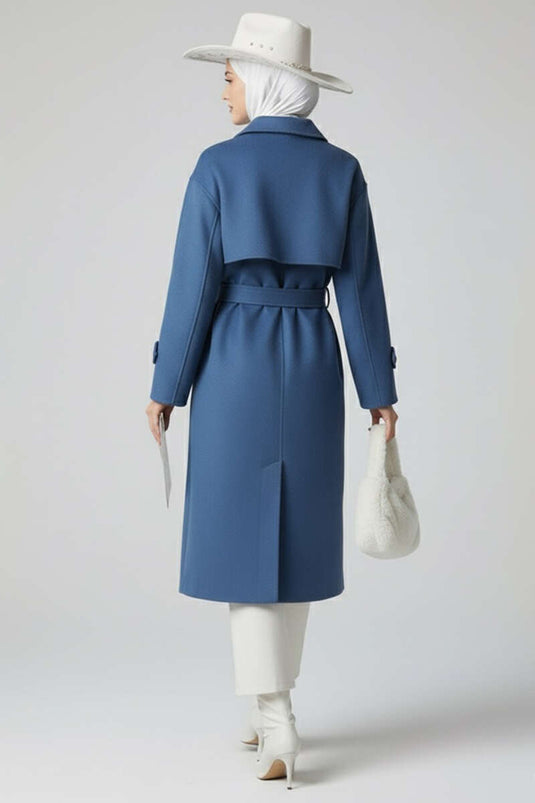 Belted Buttoned Cashmere Coat Blue