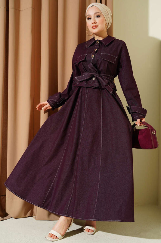 Belted Buttoned Denim Pinafore Two-Piece Set in Burgundy