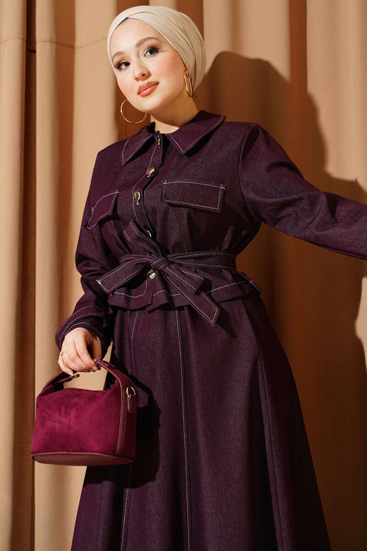 Belted Buttoned Denim Pinafore Two-Piece Set in Burgundy