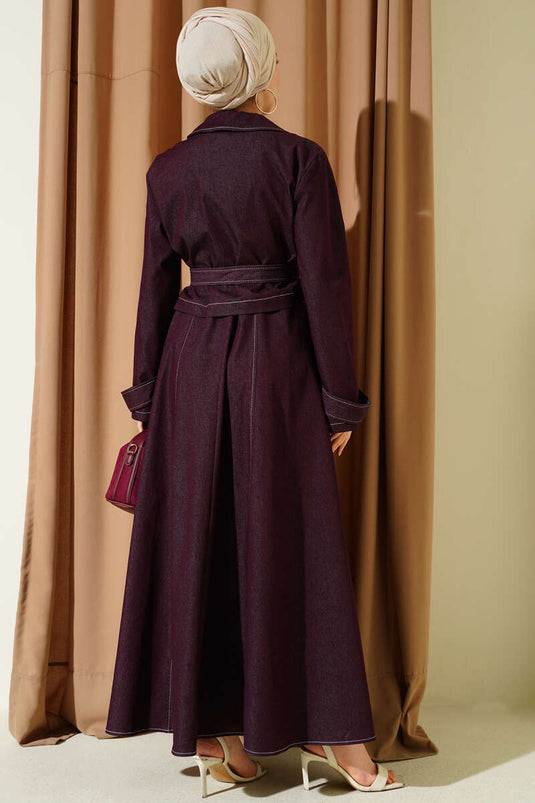 Belted Buttoned Denim Pinafore Two-Piece Set in Burgundy