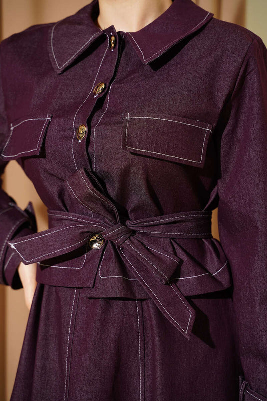 Belted Buttoned Denim Pinafore Two-Piece Set in Burgundy