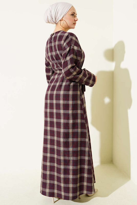 Kuşaklı Ekose Desenli Kloş Elbise Mürdüm