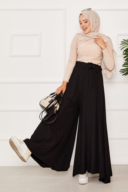 Kuşaklı Etek Pantolon Siyah