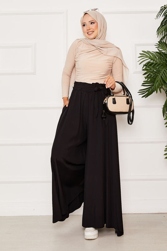 Kuşaklı Etek Pantolon Siyah