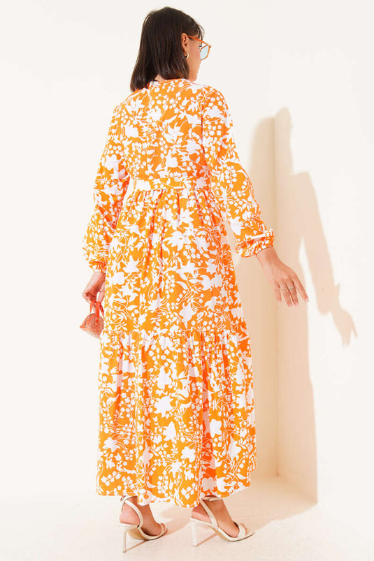 فستان برتقالي بنمط عرقي مع حزام