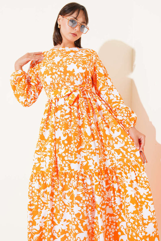 فستان برتقالي بنمط عرقي مع حزام