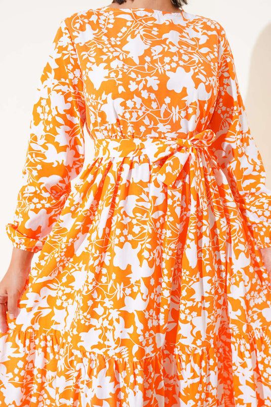 فستان برتقالي بنمط عرقي مع حزام