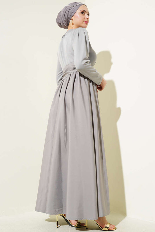 Belted Garnished Mevlana Dress Gray
