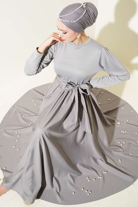 Belted Garnished Mevlana Dress Gray
